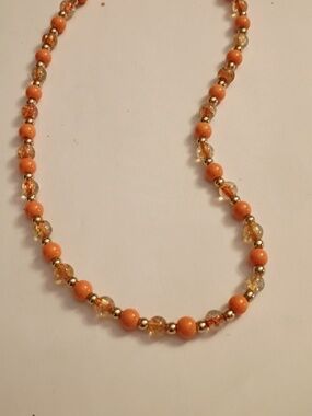 Gold and Coral Bead Strand Necklace